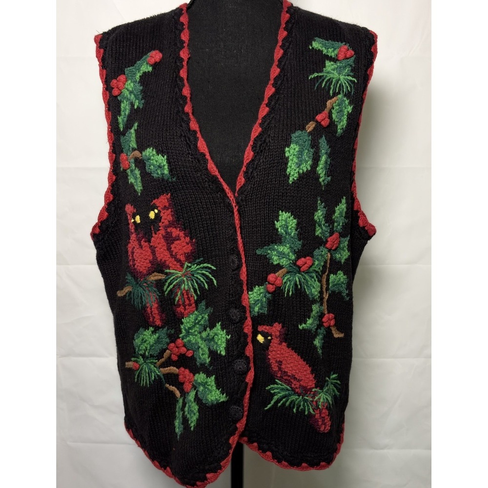 Vintage Bechamel Cardinal Christmas Sweater Vest Size L Black Button Front